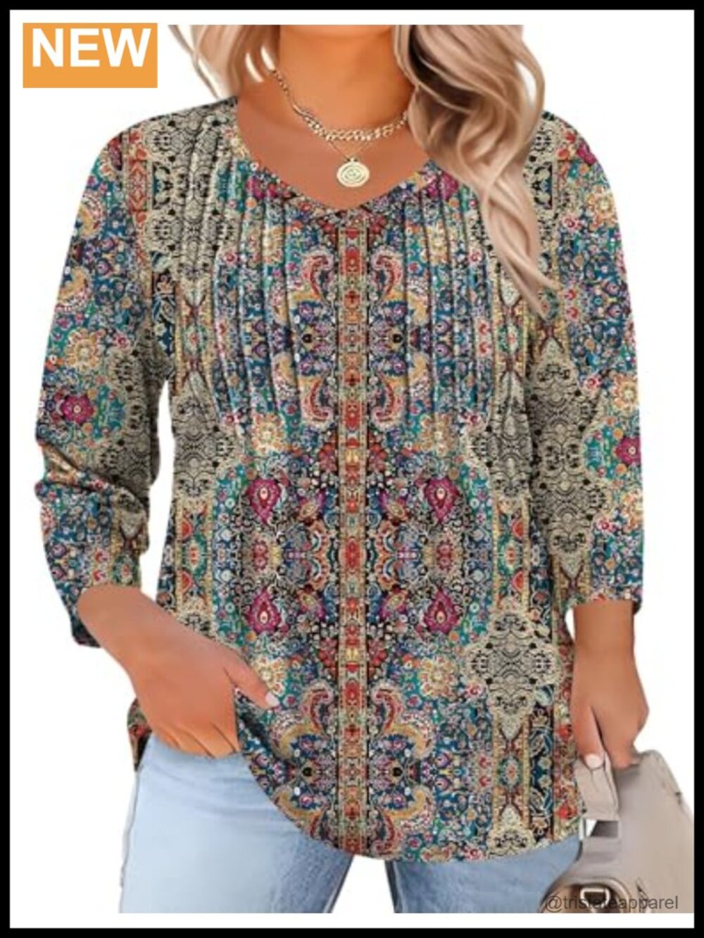 Plus Size 3/4 Sleeve V-Neck Pleated Tunic Blouse